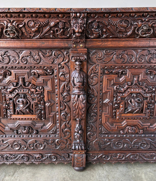 1700's Antique French Renaissance Sideboard in Solid Wood Oak Highly Carved