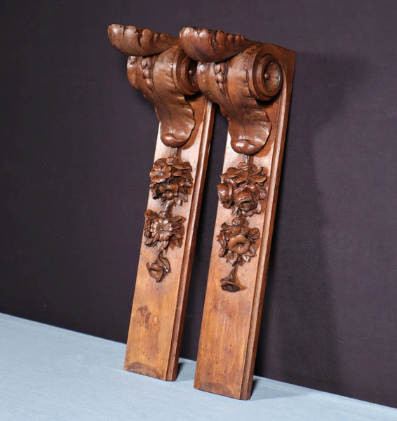 16" Pair of French Antique Solid Walnut Wood Highly Carved Posts with Flowers