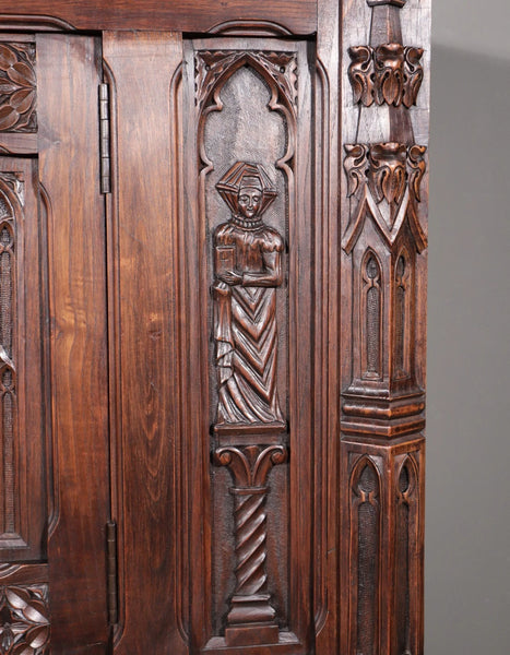 Antique French Gothic Revival Cabinet/Bar Cabinet in Highly Carved Chestnut Wood