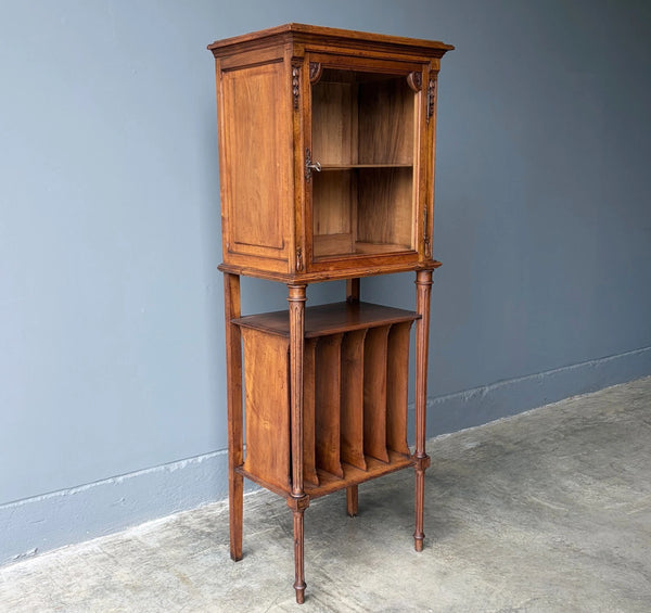French Antique Narrow Walnut Bookcase/Display Case with Locking Door
