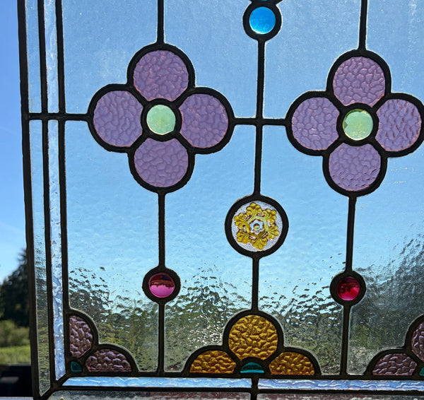 38" Tall Antique French Stained/Leaded Glass Panel w/Griffin and Uranium Glass