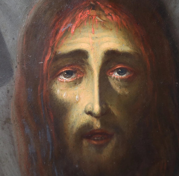 Antique Framed Oil on Copper Painting of The Shroud Of Turin/Holy Shroud/Jesus