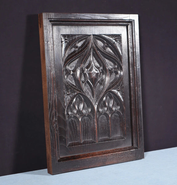 French Antique Gothic Revival Panel in Solid Chestnut Wood Salvage Late 1800's