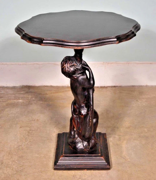 Vintage French Pedestal Table/Stand Black Lacquer Painted with Boy