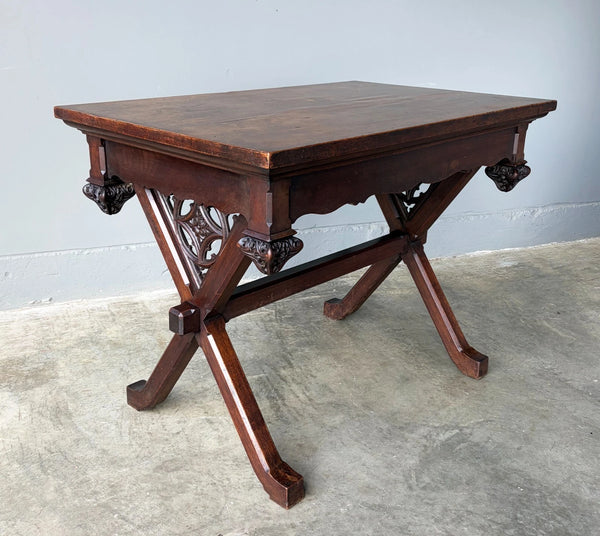Antique French Gothic Desk/Library Table in Chestnut/Walnut Wood with Drawer