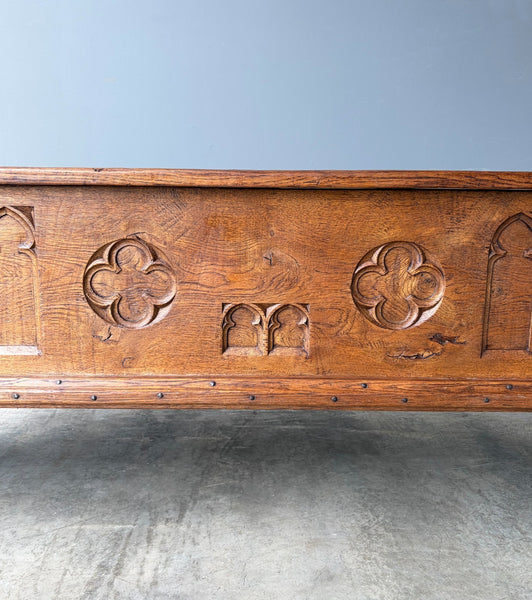 Antique French Gothic Revival Solid Oak Wood Storage Bench/Settee/Chair Rustic