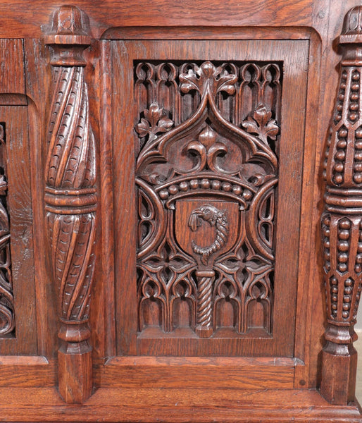 Antique French Gothic Chest/Trunk in Solid Oak Wood With Detailed Carvings