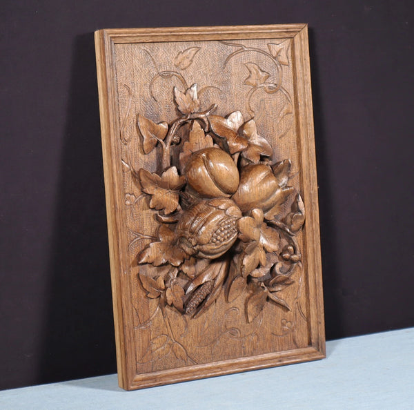 14" Tall French Antique Solid Oak Panel Highly Carved Harvest Theme