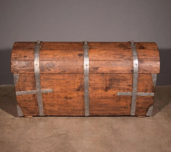 Large Antique French Chest/Trunk in Solid Pine Wood With Iron Straps 1800's