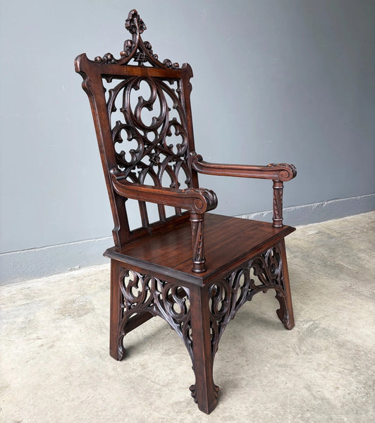 French Antique Gothic Revival Walnut Arm Chair Carved Wood Desk Chair