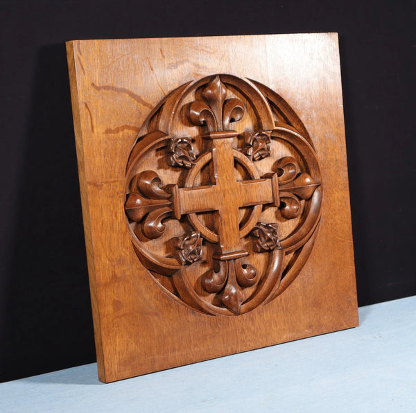 Antique French Gothic Revival Panel Carved Solid Oak Wood Salvage Christian
