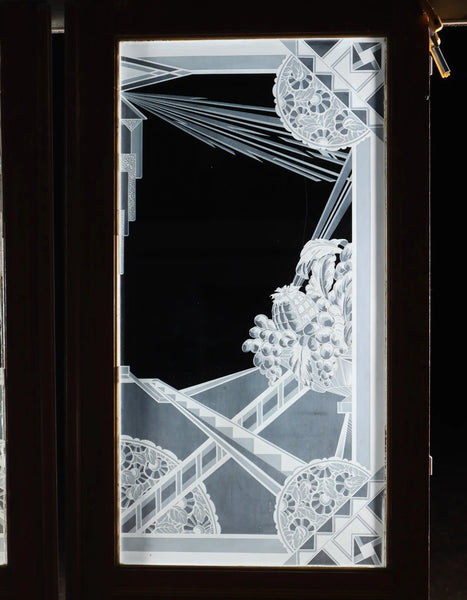 Pair of Antique French Art Deco Etched Glass Doors Frosted Glass w/Pine Frames