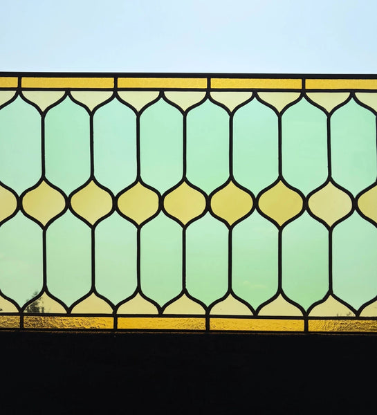 45" Wide French Antique Stained Glass Window Panel with Green & Yellow Glass