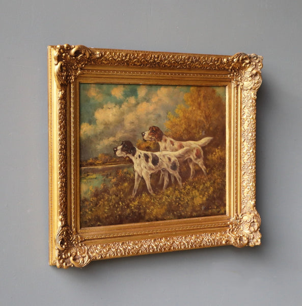 Antique Oil on Panel Painting of Two Hunting Dogs by P. Schouten (1860-1922)