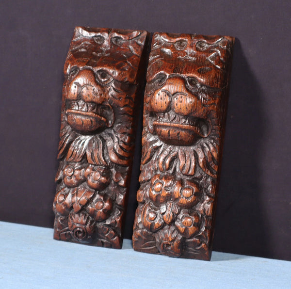 Pair of 8" French Antique Highly Carved Lion Corbels/Trim/Brackets Solid Oak