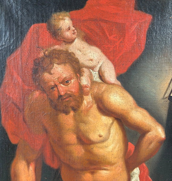 Antique Oil Painting St Christopher After Peter Paul Ruben's Triptych by Hauph