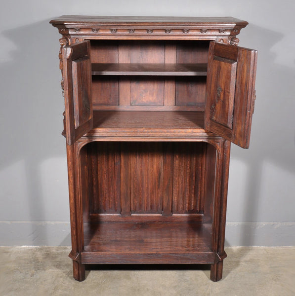 Antique French Gothic Revival Cabinet Highly Carved in Oak Wood w/Figures
