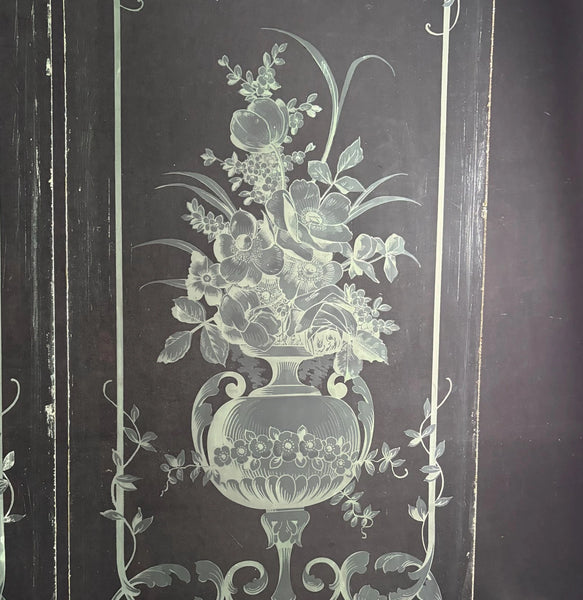 47" Tall Pair of Antique French Etched Beveled Glass Windows Frosted Glass