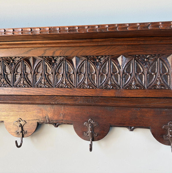52" Antique Gothic French Solid Oak Coat Rack Hall Tree Wood Shelf w/Iron Hooks