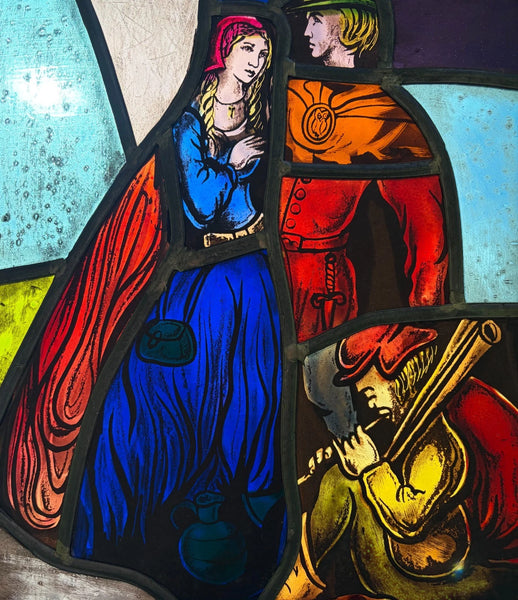 15" Tall Vintage Belgian/Flanders Stained/Leaded Glass Panel of Thyl and Nele