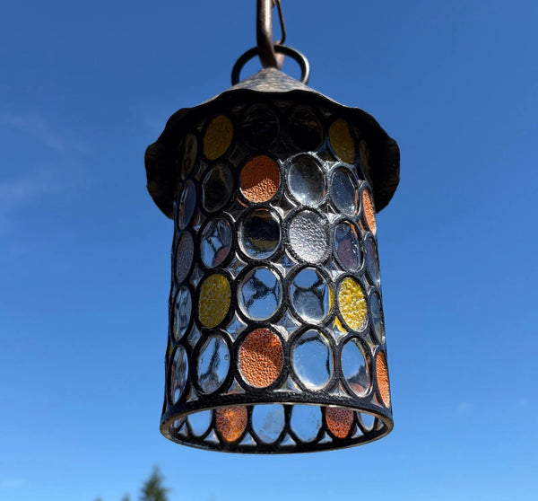 9" Tall Vintage French Iron and Stained Glass Hanging Chandelier/Pendant Lamp
