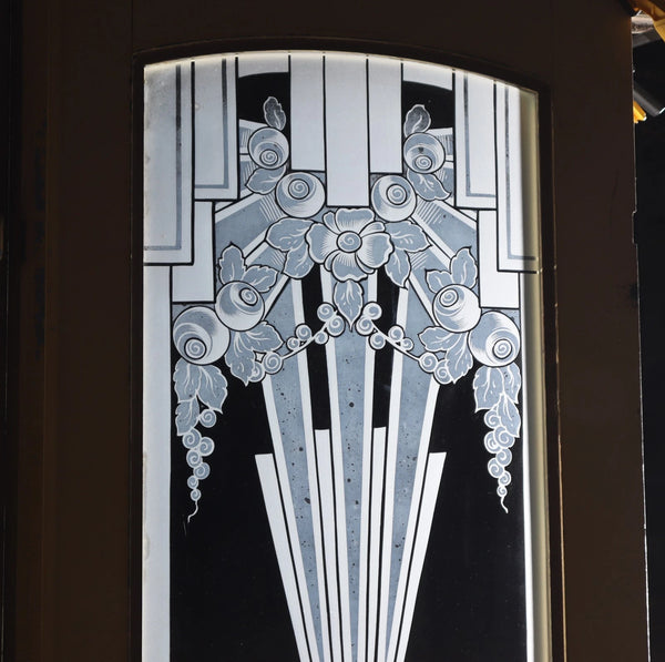 Pair of French Art Deco Etched Glass Doors Frosted Glass with Pine Frames