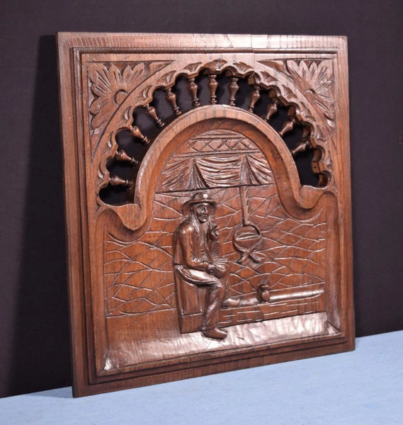Antique French Breton Panel Brittany in Solid Chestnut Wood with a Man