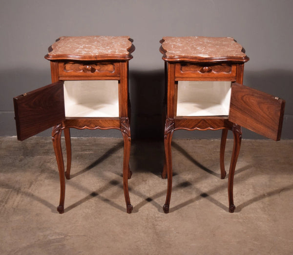 Pair of Antique French Louis XV Nightstands in Walnut with Marble Tops