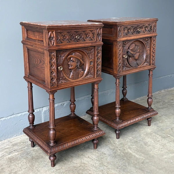 Pair of 34" Tall Antique French Breton Nightstands with Marble Tops in Chestnut