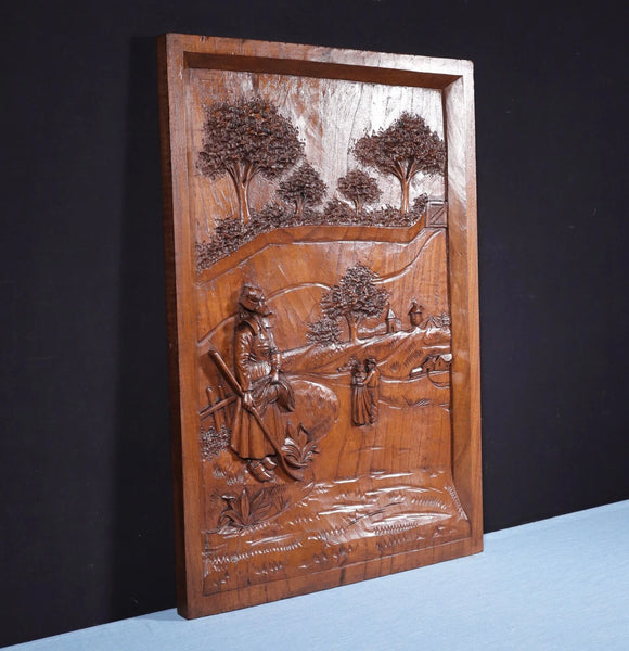 25" Tall Antique French Highly Carved Breton Panel in Solid Chestnut Wood