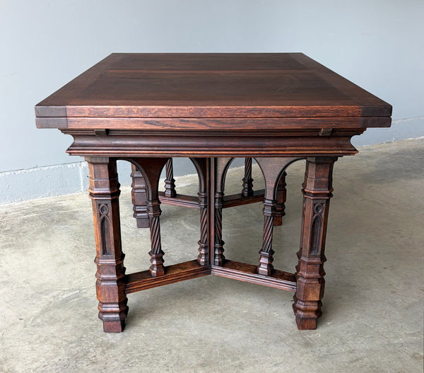 Vintage French Gothic Dining Table in Solid Oak Wood with Highly Detailed Base
