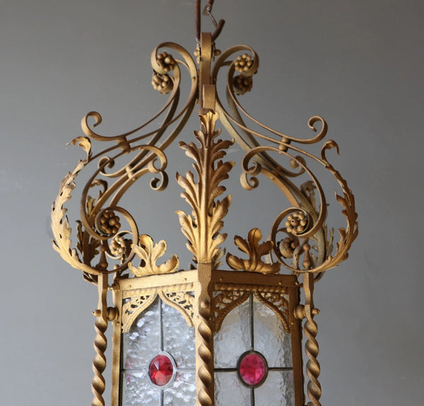 36" Tall XL French Antique Iron and Stained Glass Hanging Chandelier/Lamp