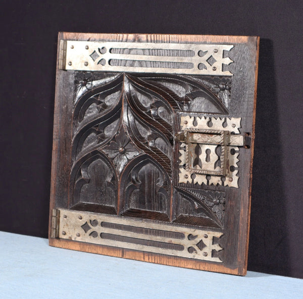 Antique French Solid Chestnut Wood Carved Gothic Door w/Faux Hinges and Latch