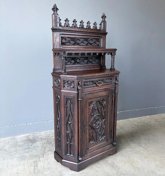Antique French Gothic Revival Cabinet/Console/Sideboard,Highly Carved Oak