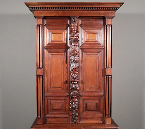 French Antique Solid Walnut Wood Neoclassical Gun Case/Cabinet with Carvings