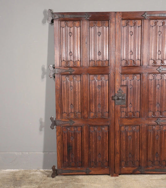 Pair of French Antique Neo Gothic Cabinet Doors in Oak Wood Linen Fold Carvings