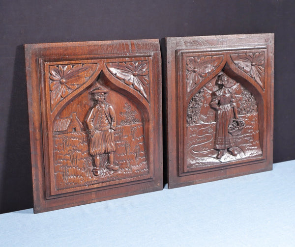 Pair of French Antique Highly Carved Breton Panels in Solid Chestnut Wood