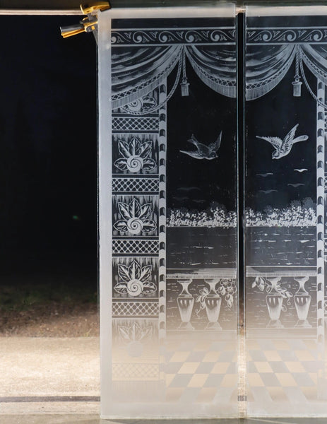 48" Tall Pair of Antique French Etched Glass Windows Frosted Glass with Birds