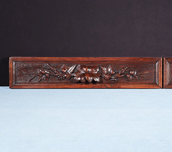 Pair of Antique Black Forest Carved Drawer Panels/Trim in Solid Oak Wood