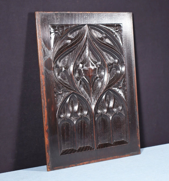 French Antique Gothic Revival Panel in Solid Chestnut Wood Salvage Late 1800's