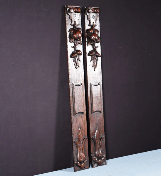 26" Tall Pair of French Antique Solid Oak Wood Highly Carved Wood Trim Posts
