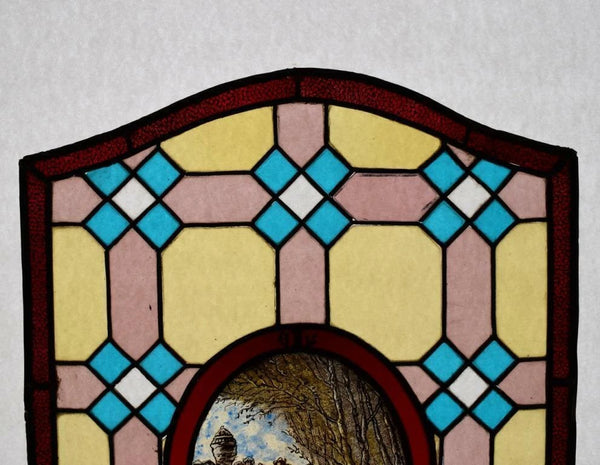 Antique French Stained Leaded Glass Hand Painted Panel w/Parisian Figures