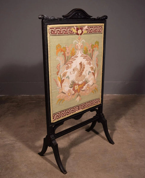 French Antique Fireplace Screen with Needlepoint Griffin/Carved Walnut Frame