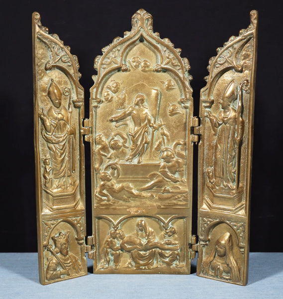 13" Tall Vintage French Bronze Triptych Sculpture Catholic Shrine Christian