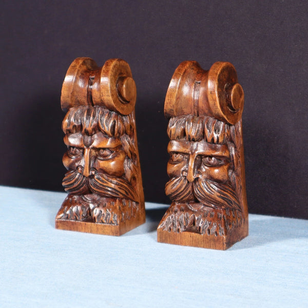 Pair of 3" Tall French Antique Highly Carved Heads in Solid Walnut Wood Trim