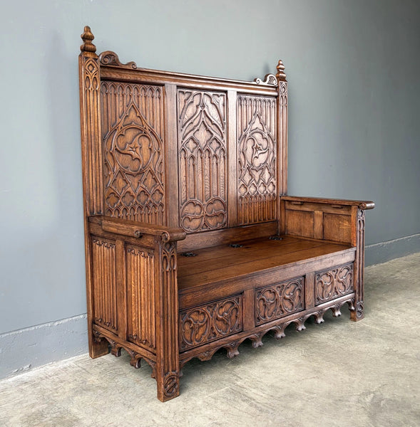 Vintage French Gothic Revival Oak Wood Bench/Settee/Chair Highly Carved