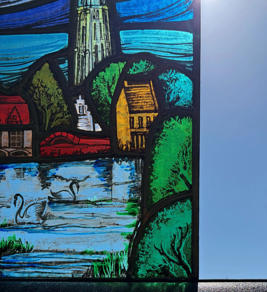 14" Tall Vintage Belgian/Flanders Stained/Leaded Glass Panel of Bruges Belgium
