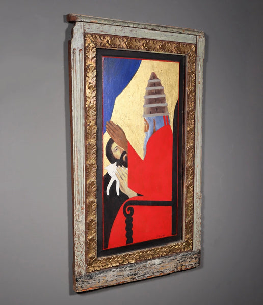 Vintage Framed Oil on Panel Painting of St Francis with Cat by Paul Bruylant