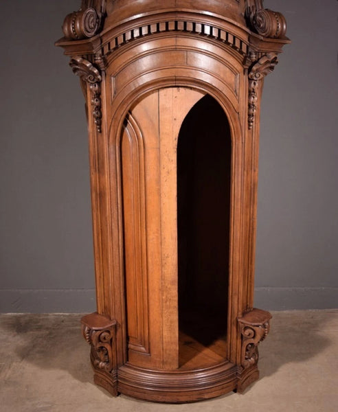 93" Tall Antique French Solid Oak Church Statuary Cabinet with Rotating Door