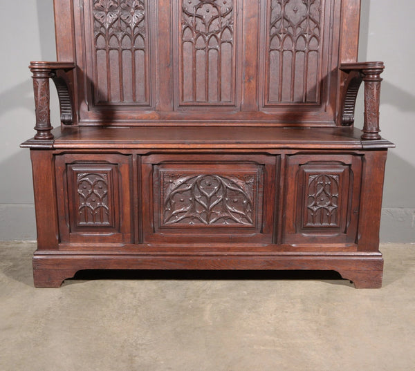 72" Tall Antique French Gothic Revival Oak Wood Bench/Settee/Chair Highly Carved